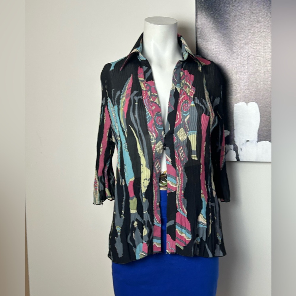 Womens Black Multi-Color Patterned Button-Front Top - Picture 2 of 11